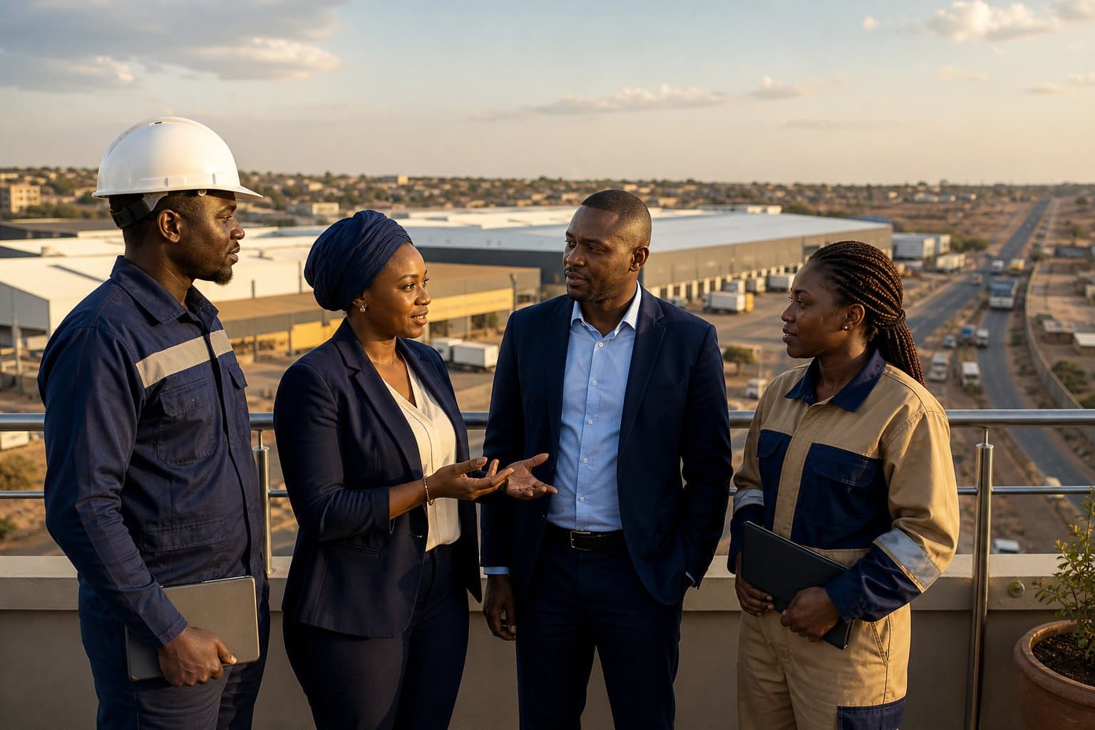 Équipe africaine de professionnels de l’énergie et de la logistique échangeant sur un corridor industriel